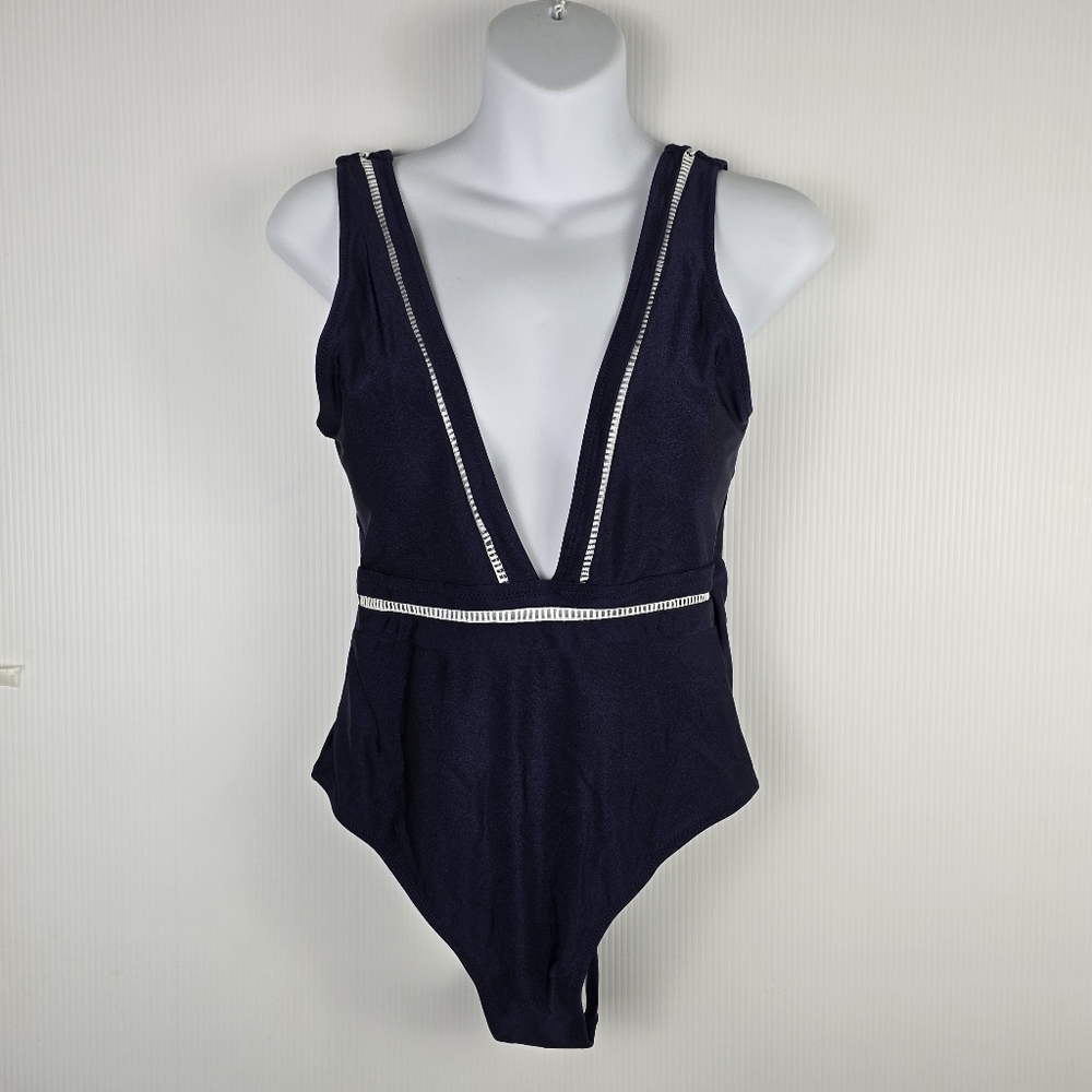 NWT Cupshe Women's One Piece Navy Plunging Neckline And Back White Inlay Small